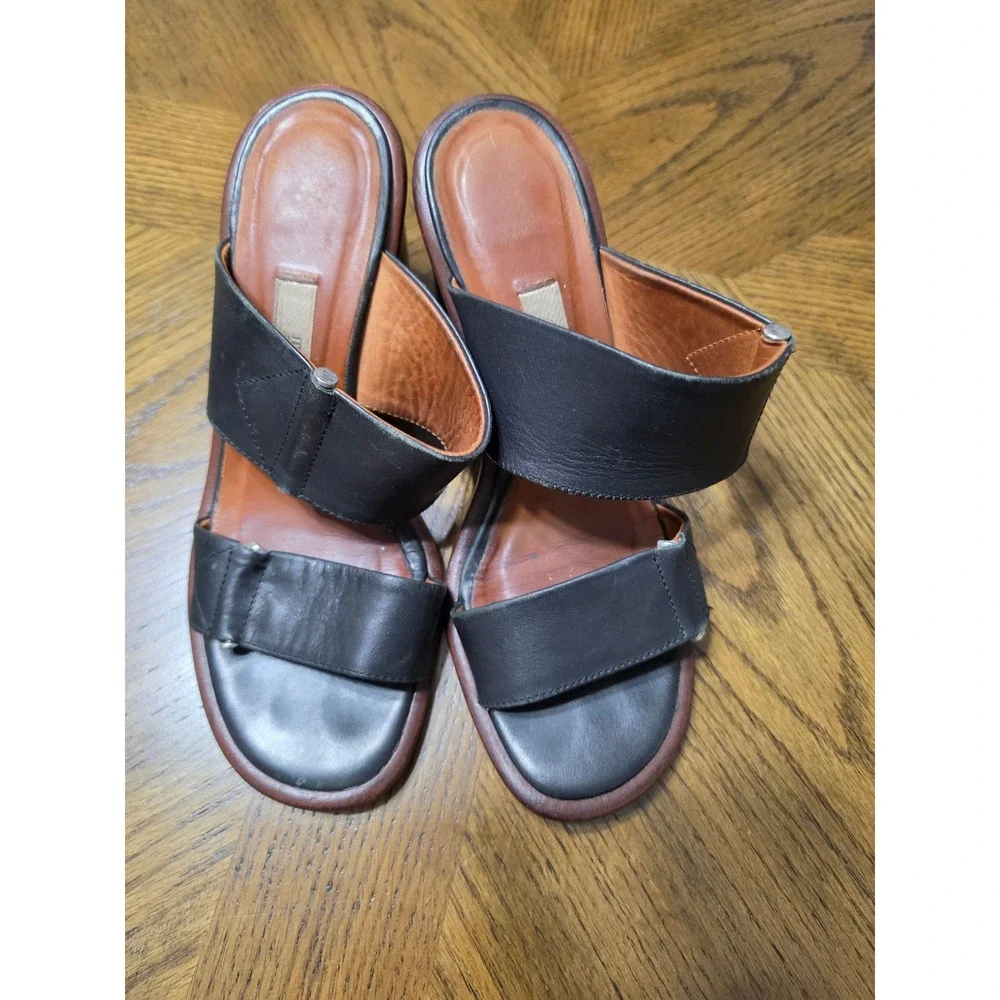 Miista London Black Leather Two Strap Block Heel Slide Sandals Size 38 Spain